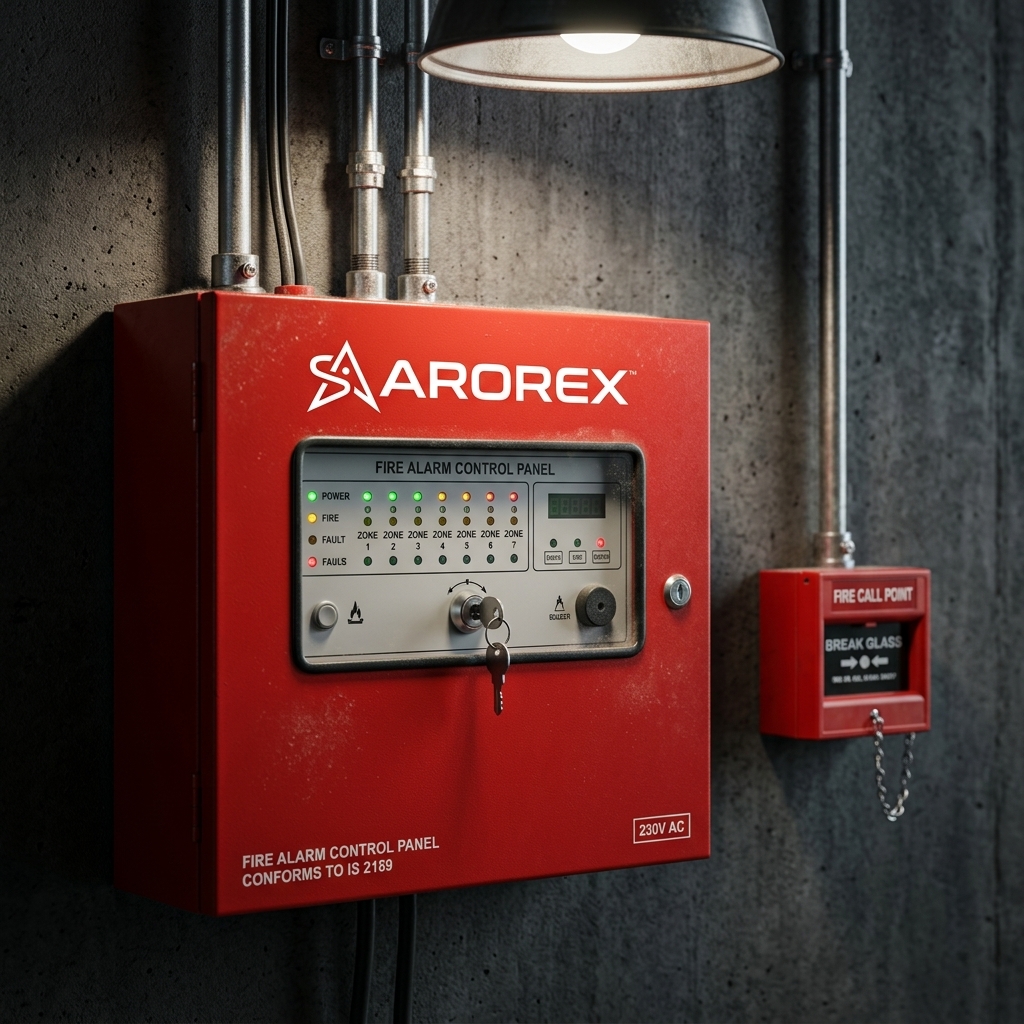 Indian standard red fire alarm control panel box with manual call point and conduit wiring